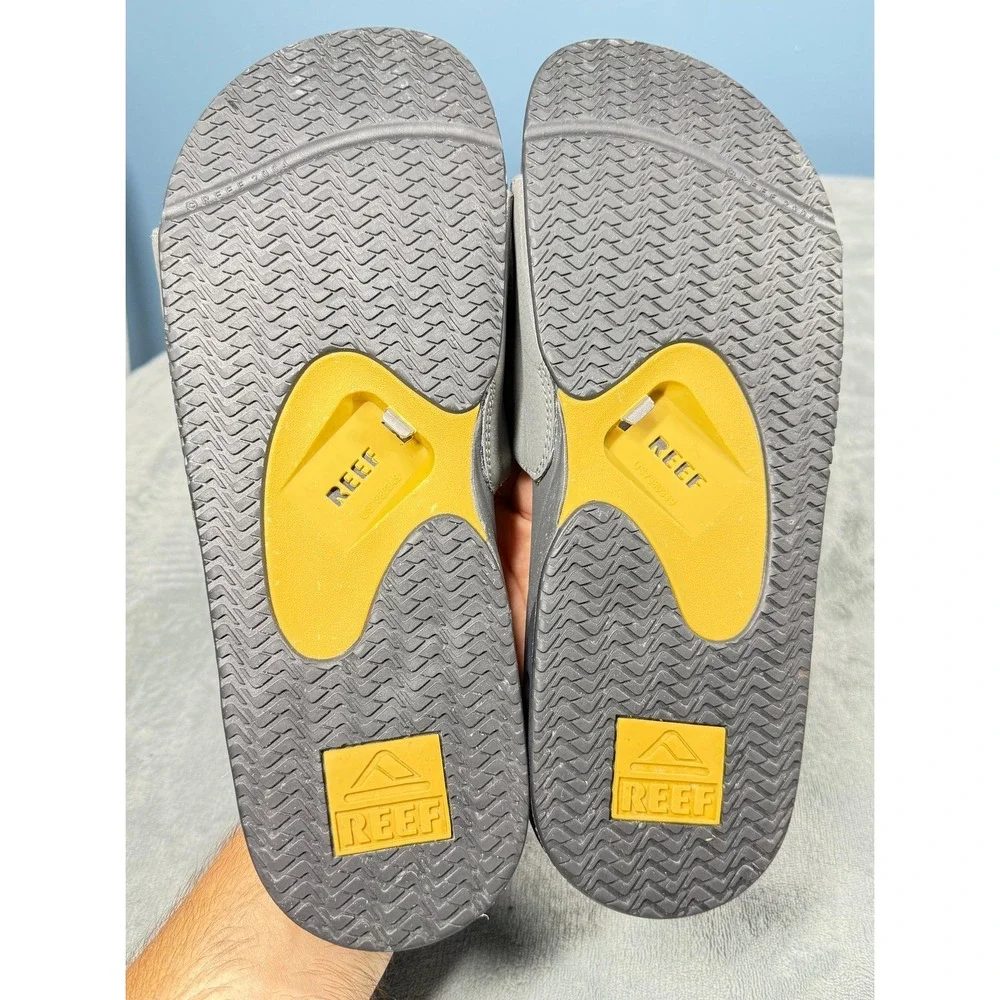 Reef Fanning Slide Sandals Mens 12 Gray Yellow Bottle Opener Slides